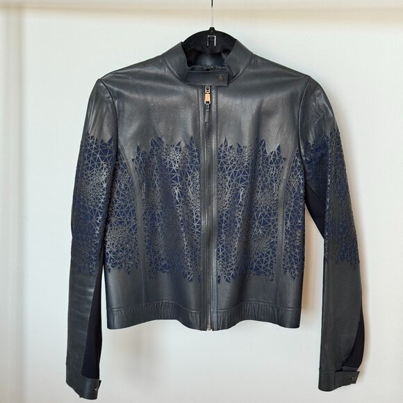 Elie Tahari Navy Leather Jacket with Laser-Cut Detail - Picture 2 of 3